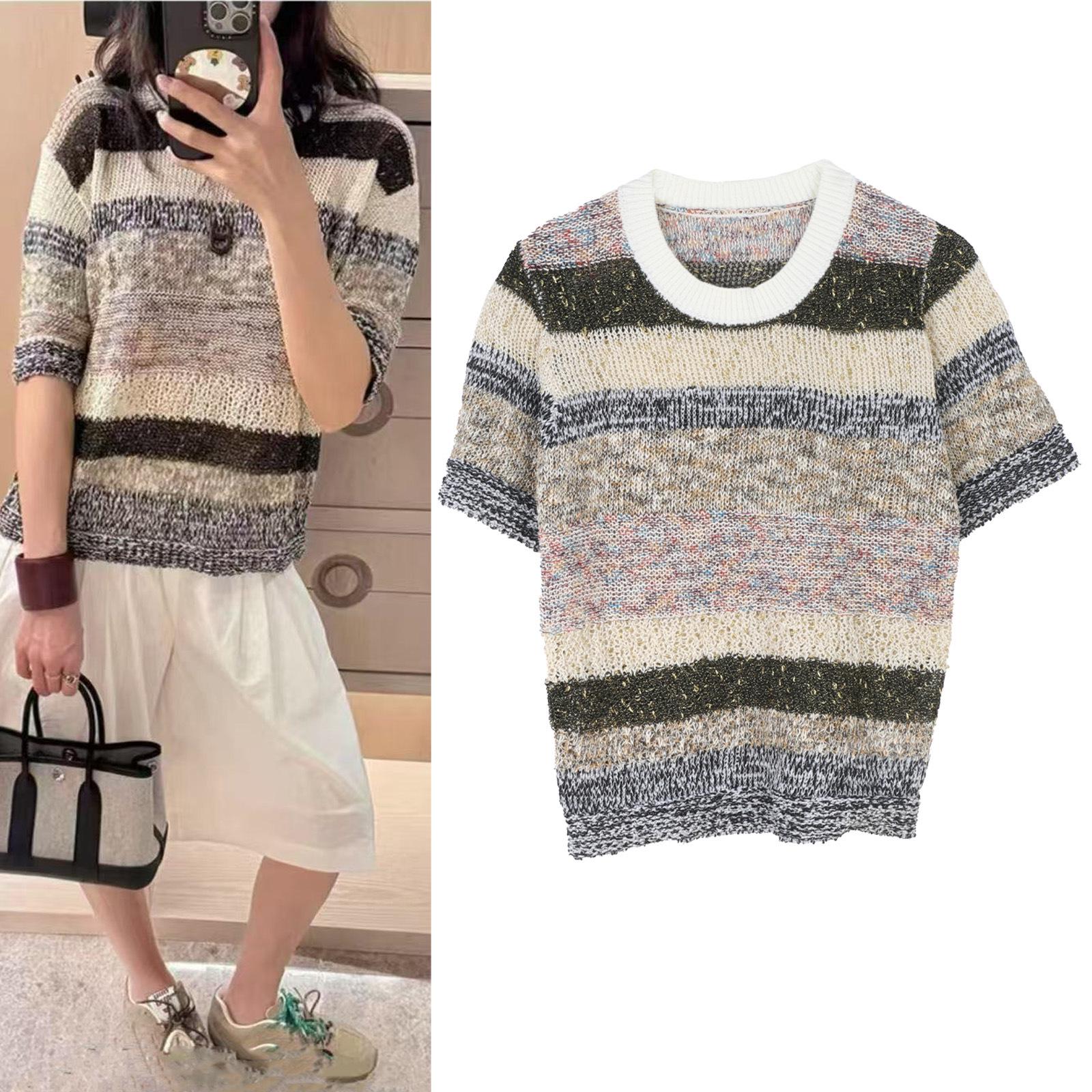 

Retro Color Block Short-Sleeve Knitted Top Small