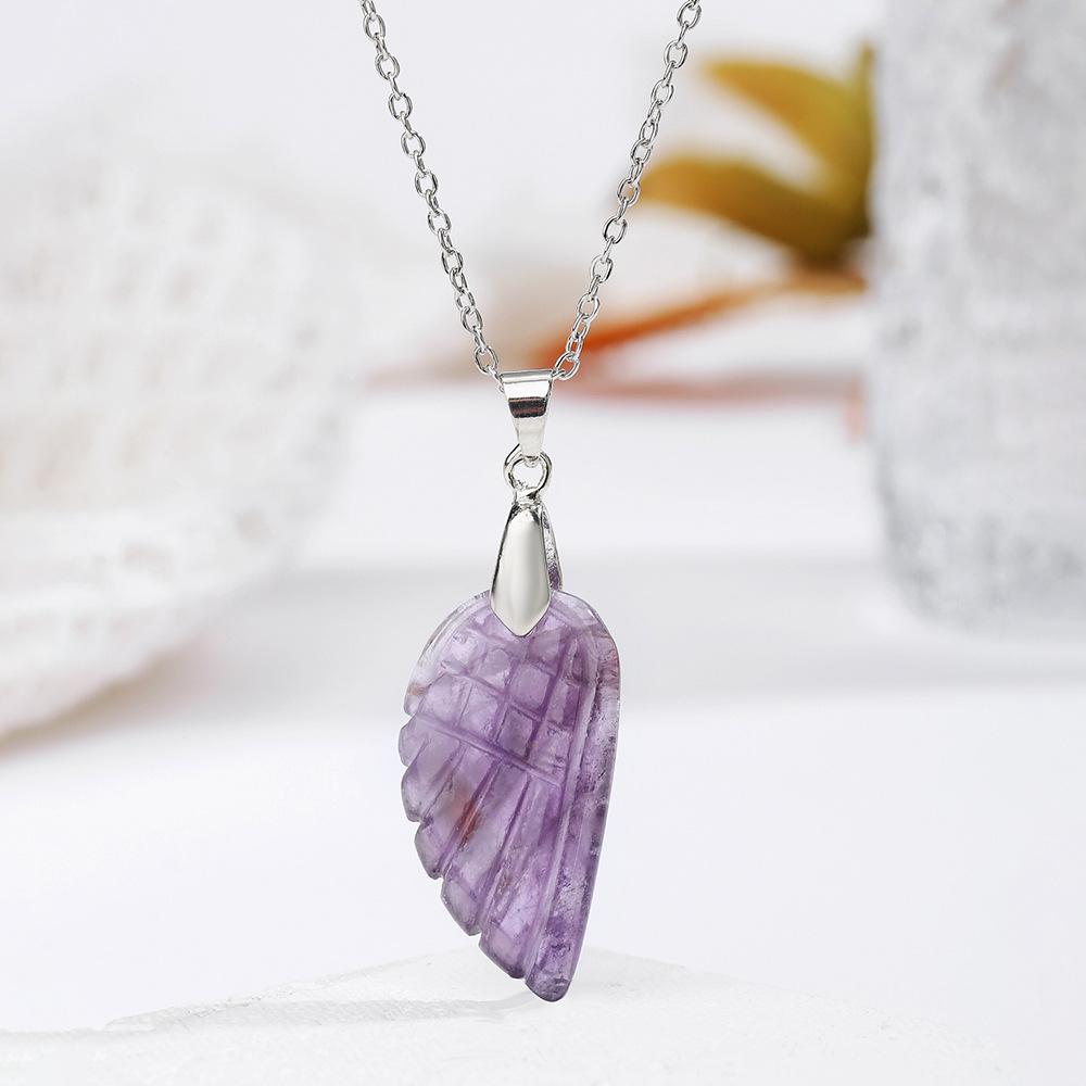 Natural crystal pendant, white crystal necklace, angel wing pendant, bohemian jewelry