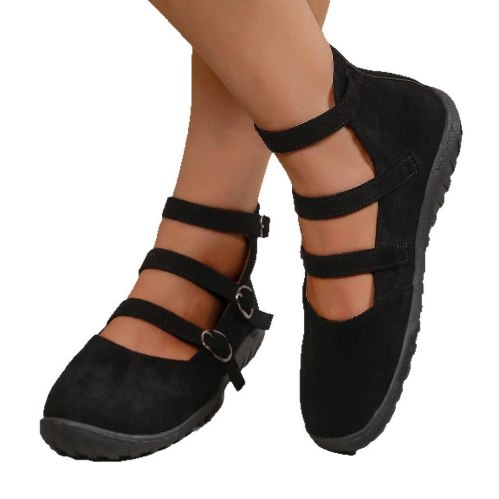 Retro Doppelte Schnalle Stoffschuhe Einzelne Schuhe Damen Große Größe Quadratische Spitze Leichte Öffnung Wildleder