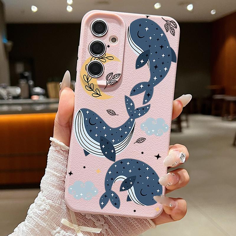 

Cartoon Whales Stars Pattern Case For Samsung Galaxy A57 A37 A17 A56 A36 A26 A16 A55 A35 A15 A54 5G Luxury Leather Texture Silicone Cover Samsung A14 рожевий