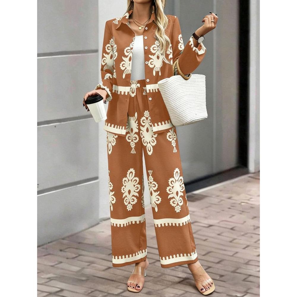 Women's Loose Fit Two Piece Outfit Long Sleeve Printed Shirt Elastic Waist Wide Leg Pants Set