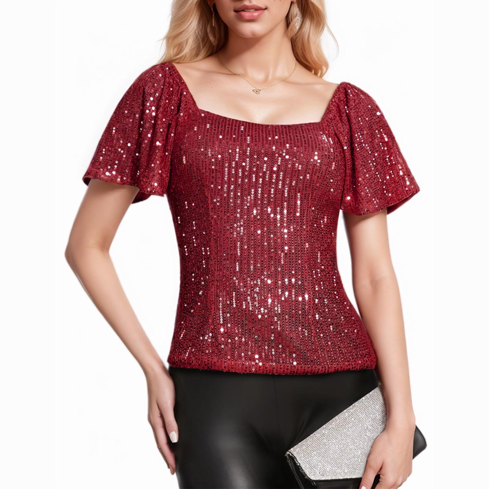 

Женская квадратная горловина, модная, с коротким рукавом, блестками, рукавами-пузырями, модная, универсальная рубашка XL