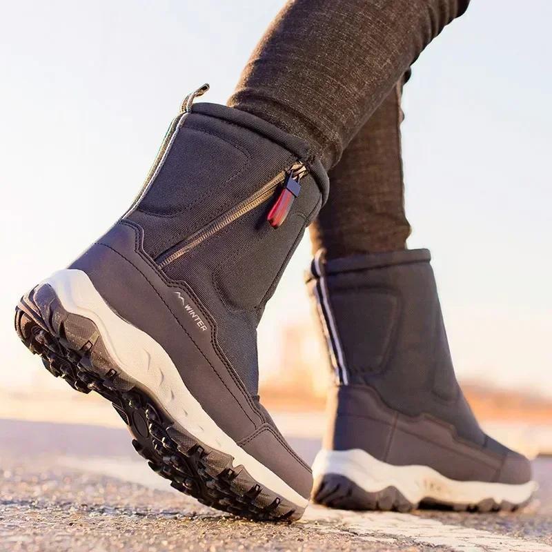 Botas de nieve cálidas de moda para hombre, botas con cremallera para hombre, zapatos para exteriores para hombre, botas altas unisex impermeables de algodón, zapatos de piel gruesa