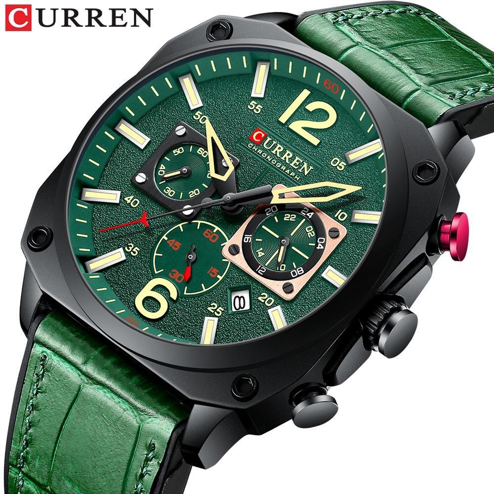 CURREN Men's Leather Watch Square Multifunction Chronograph Quartz Waterproof Fashion Wristwatches