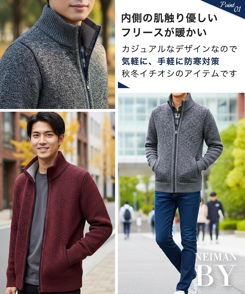 Neiman by Long Sleeve Checked Knit Jacket with Fleece Simple Winter Size M Men's Lining, Zip-Up, Outfit, Black, (5A-N10-BKM)