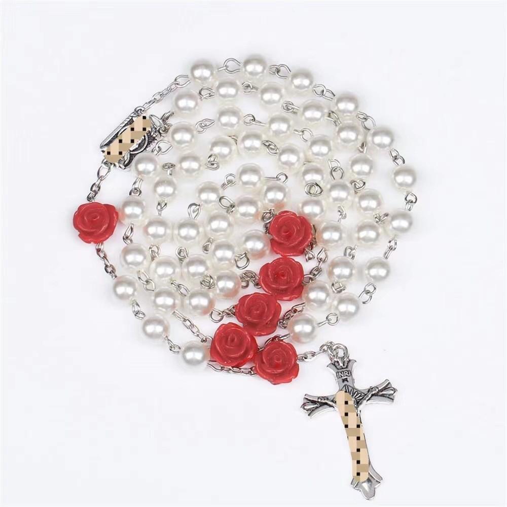 Roses Women Round Bead Necklace Cross Pendant Alloy Material Valentine Gift Day