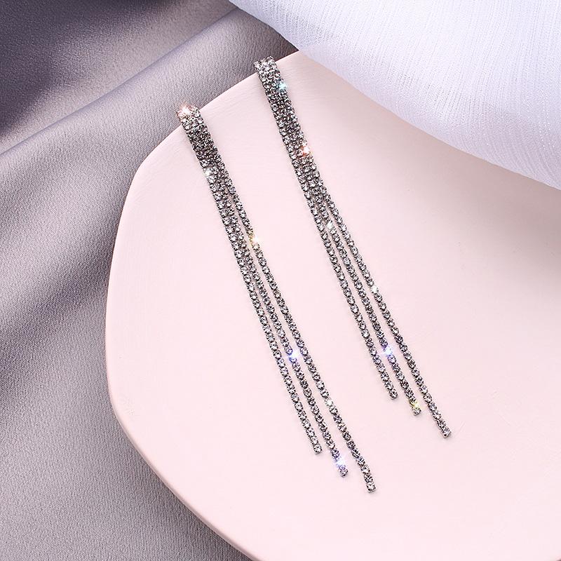 Trendy Tassel Crystal Rhinestone Long Earrings For Women Luxury Shiny Bridal Dangle Drop Earrings Wedding Jewelry Gift Bijoux