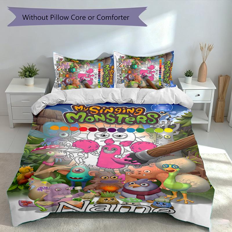 3ks Sada My Singing Monsters s vlastním jménem, Zahrnuje 1 povlak na přikrývku a 2 povlaky na polštář, Celoroční dekorace ložnice