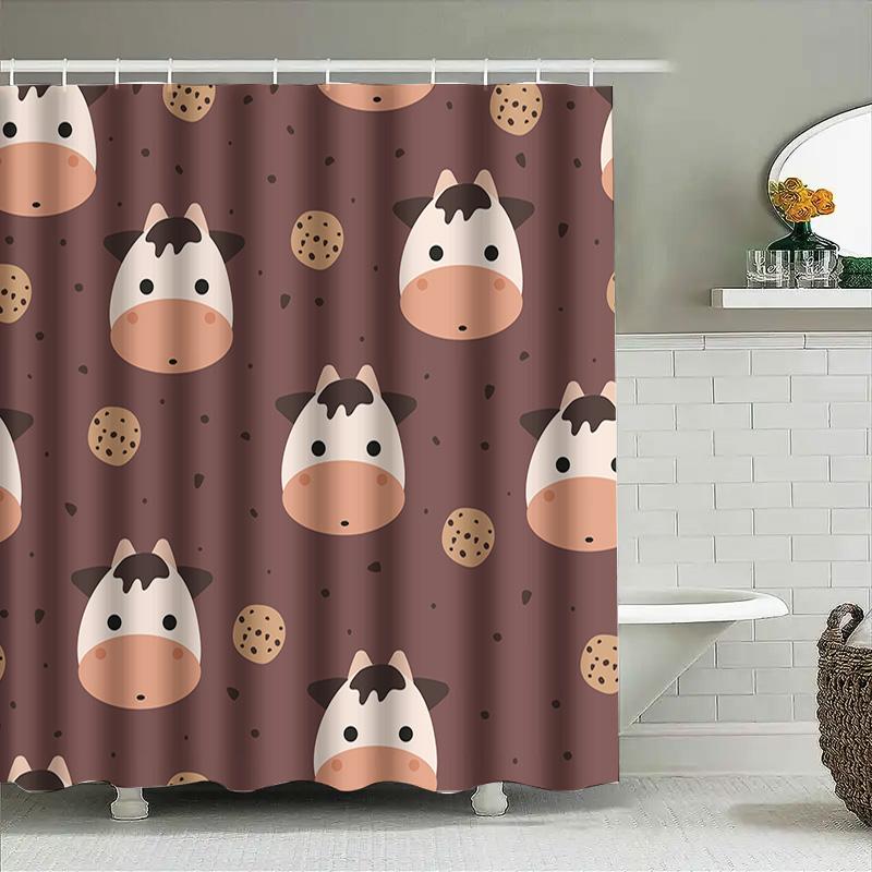 Farm Fresh Animal Pattern Shower Curtain Waterproof Bathroom Decor For Kids Room Brown Cow Print Shaggy Bath Mat 30X72 Inches Pi