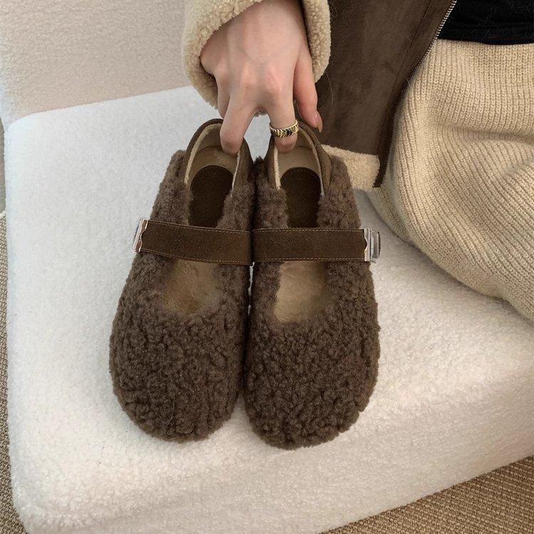 Lamb wool shoes women wear outside in winter autumn and winter new gentle fairy wind velvet warm cotton shoes flat Mary Jane shoes