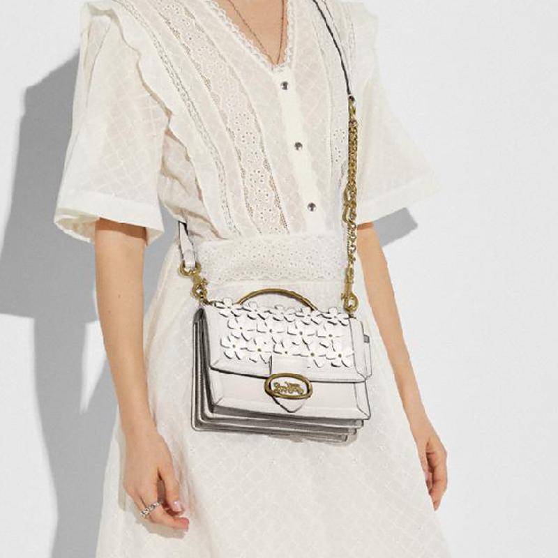 Coach Riley 22 Floral Appliqué Top Handle Chain Leather Handbag Accordion Tote Shoulder Crossbody Medium Women Handbags White 697-B4HA