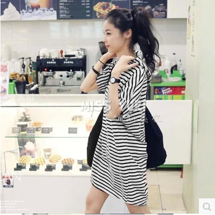 Beach Holiday Striped Loose Hoodie Short Sleeve Dress for Women - Plus Size Korean Style