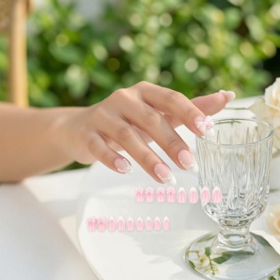 24Pcs Pink Bow Women Press on Nails, Faux Pearl Almond Stick-on Fake Nails, French Tip Glue on False Nails for Office Date Party Wedding