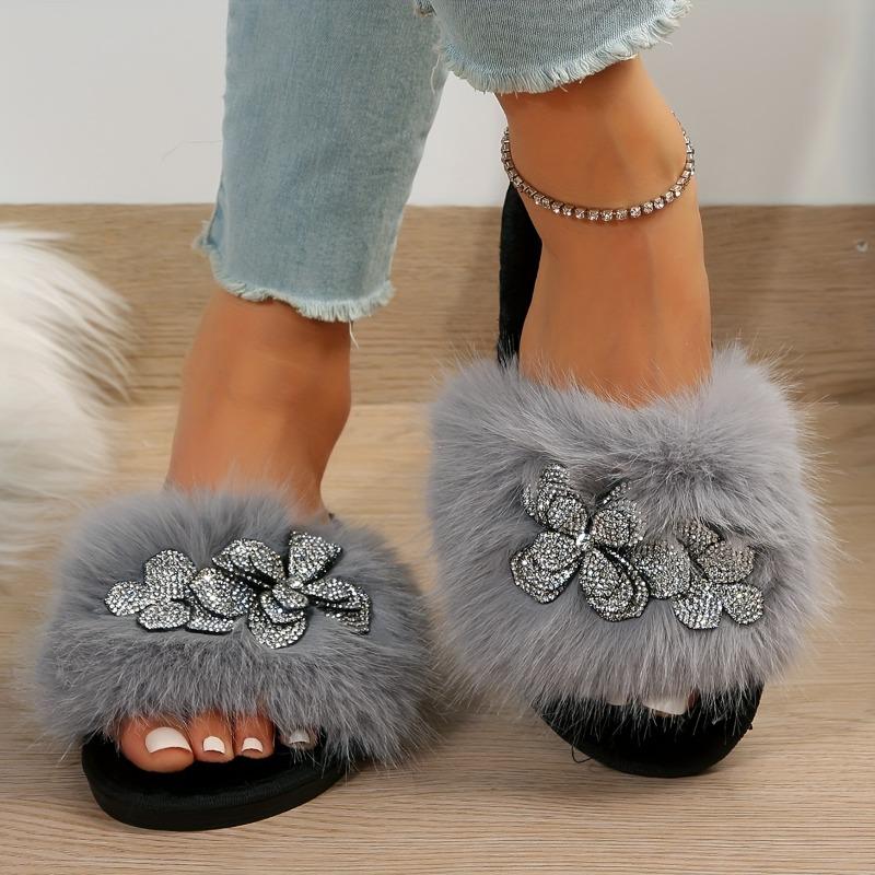 Women'S Sexy Solid Color Slip-On Slippers with Glittery Bow Detail - Soft Fabric Upper & TPR Sole, Indoor/Outdoor Winter Comfort for Home