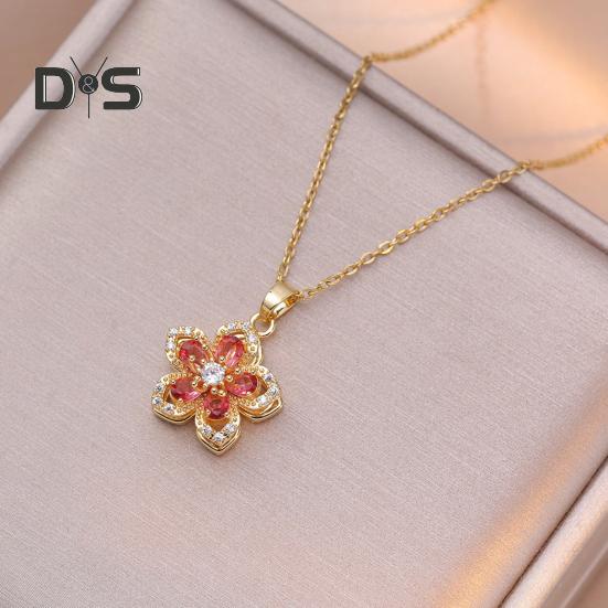 Rotatable Rhinestone Flower Pendant Necklace for Women Titanium Steel Shiny Cubic Zircon Flower Choker Wedding Party Jewelry
