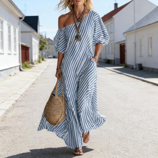 Damen Gestreiftes Off-Shoulder Maxikleid Kurzarm Lässig Party Cocktailkleid Sommer Strandurlaub Fließendes Kleid