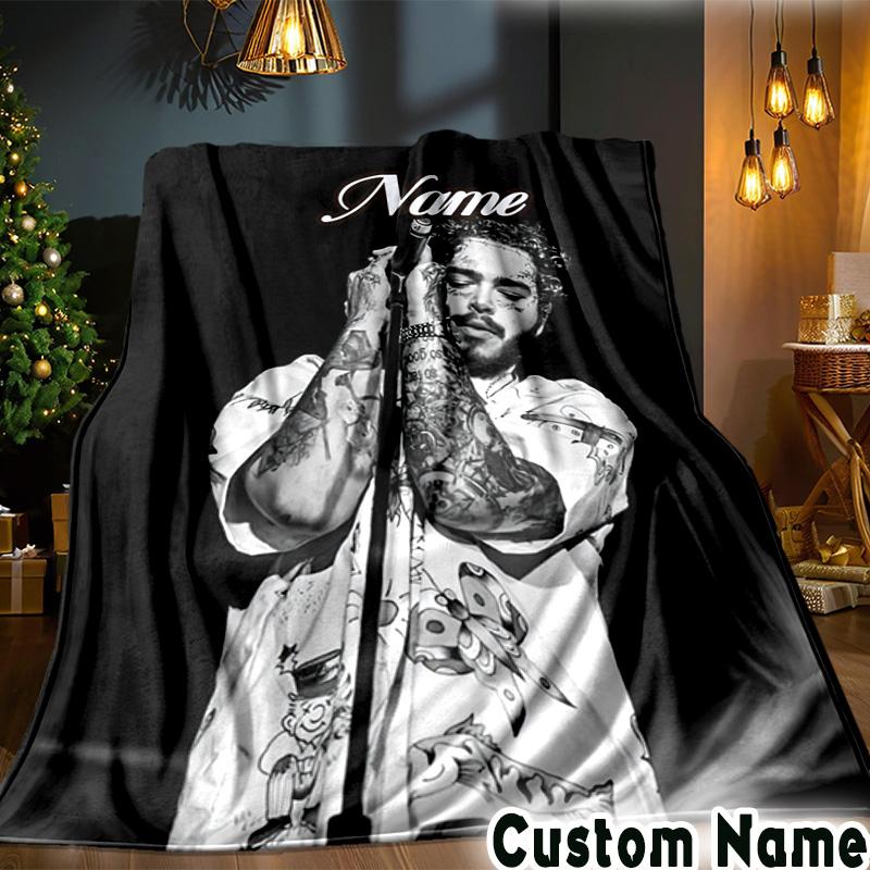 Custom Name Rap Music Malone Throws Blanket Flannel Blankets for Couch Bed Gifts for Men Women Picnic Blanket Christmas Fan Gifts