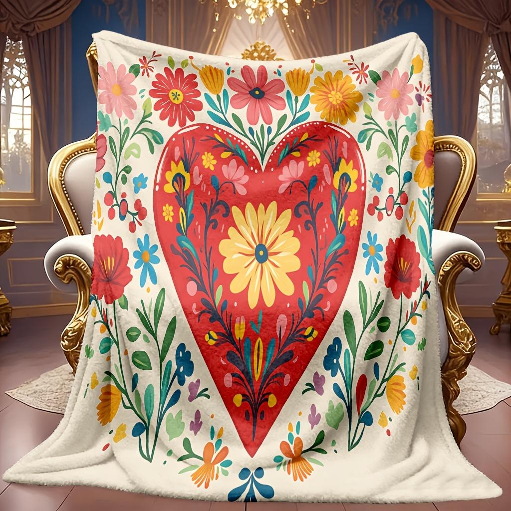 Cozy Fleece Blanket Featuring a Floral Heart Design, with a High-Definition Digital Print Suitable for All Seasons. This Soft And Breathable Cooling B