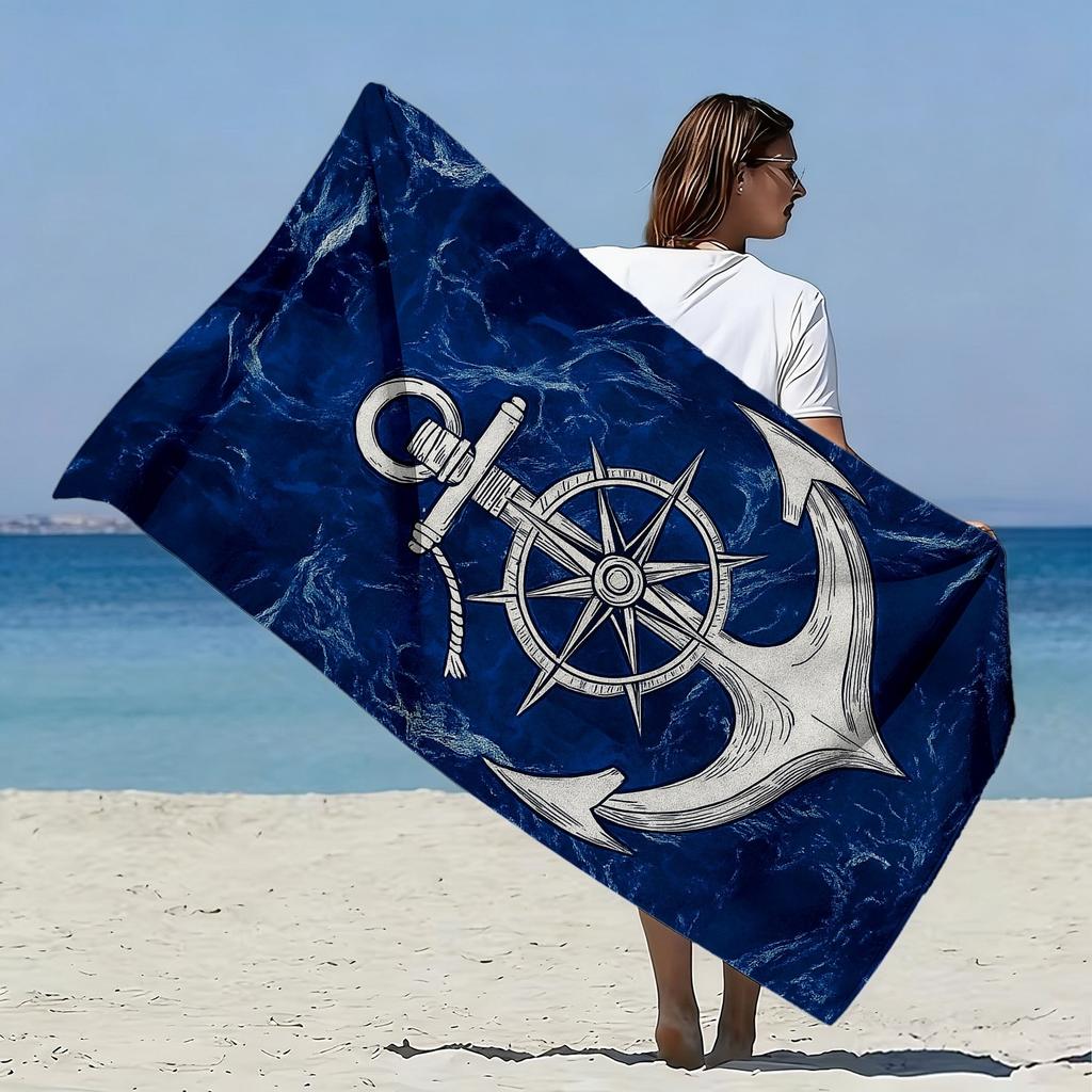 1PC Nautical Anchor Beach Towel, Polyester Quick-Dry Print, Navy Blue Marble & Compass Design, Soft Towel for Beach & Swimming,