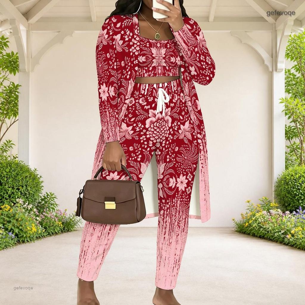 Women Plus Size Tropical Printed Three Piece Set Long Sleeve Open Front Cardigan Strappy Top Long Pants