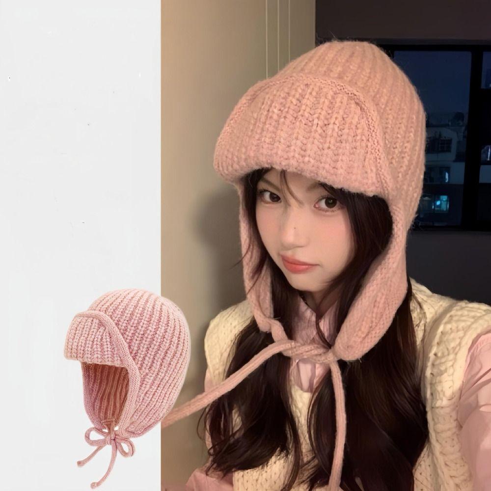 Ear Protection Knitted Flying Cap Solid Color Woolen Crochet Cap Fashion Knitted Woolen Hat  Girls