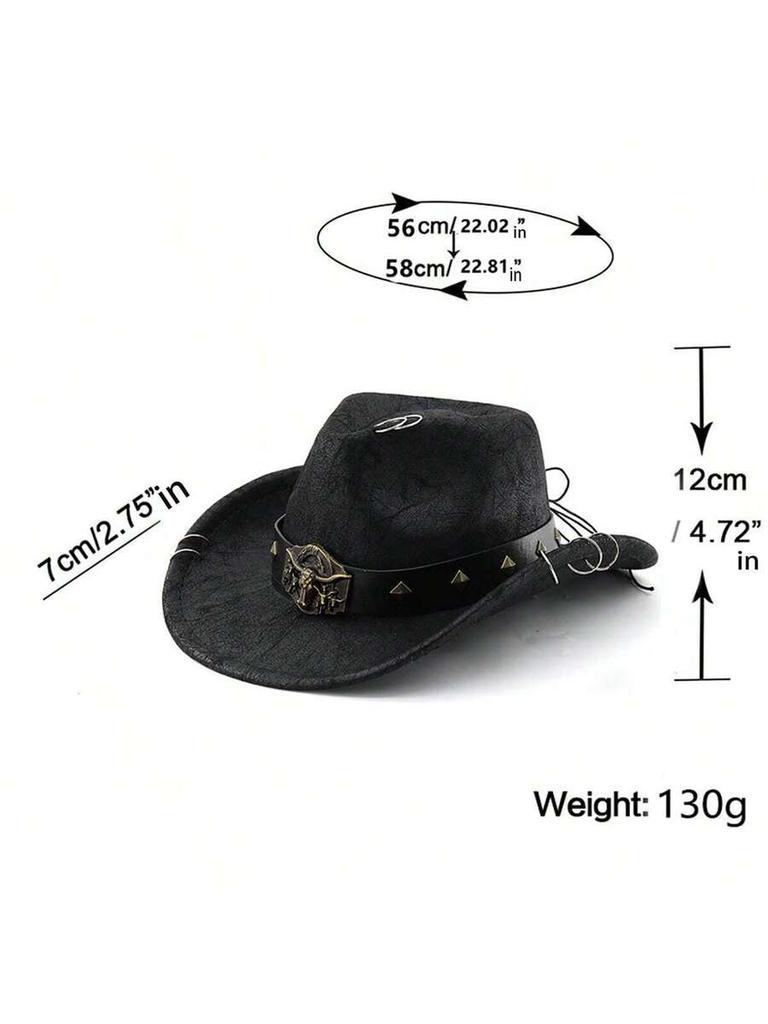 Sombrero Vaquero Occidental Retro con Hebilla de Cabeza de Toro y Remaches Ala Ancha Gorra de Fiesta para Adultos