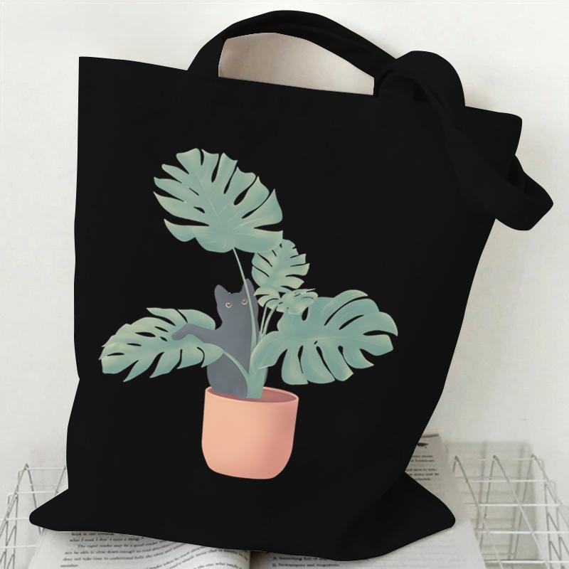 Funny Anime Cat Graphics Women Canvas Shoulder Bag Cartoon Animal and Plant Shopping Bag Kitten Lover Female Reusable Handbags