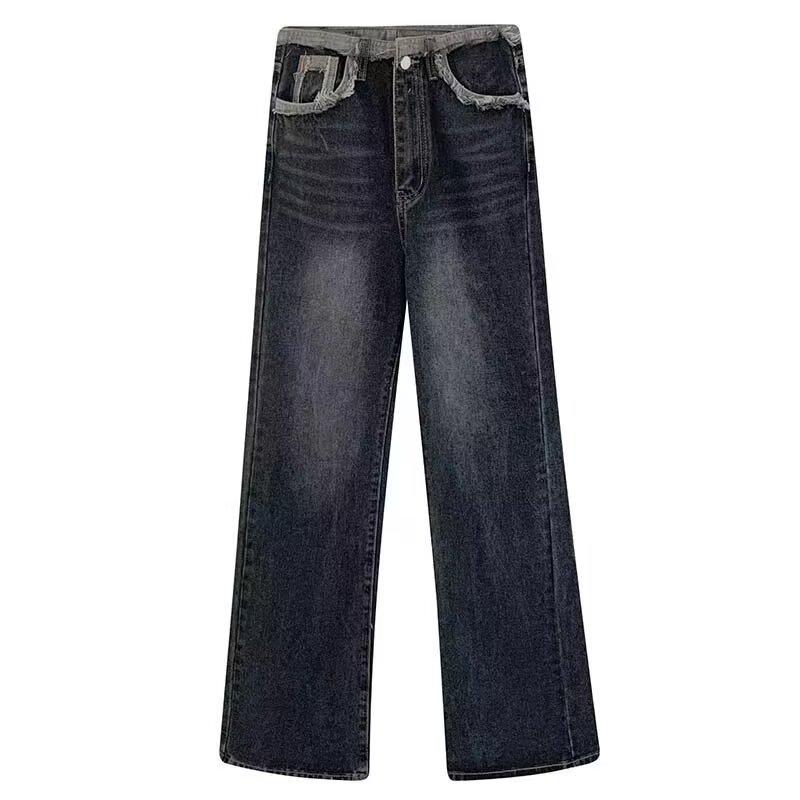 

Женские джинсы 2024 года с высокой посадкой, цветными блоками, широкими штанинами - Стройнящие, прямые, длиной до пола Medium