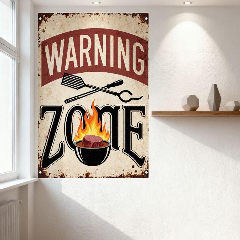 Vintage Barbecue Warning Zone Metal Tin Sign Distressed Rusty Cooking Spatula Tongs Pot Steak Flame Art Retro Wall Decor for Kit