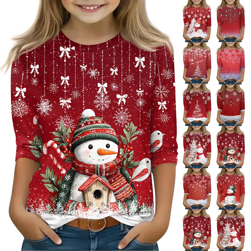 Christmas Day Print Tops For Youth Girls 4-11 Years Round Neck 3/4 Sleeves T-Shirts Trendy Tops Outfit Tees