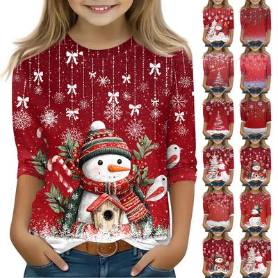 Christmas Day Print Tops For Youth Girls 4-11 Years Round Neck 3/4 Sleeves T-Shirts Trendy Tops Outfit Tees