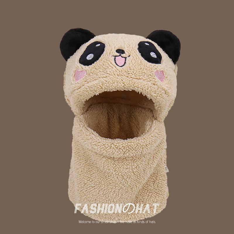 Children's Panda Embroidered Scarf Hat Integrated Plush Hat Baby Ear Protection Hat Boys and Girls Outdoor Warm Parent-child Hat