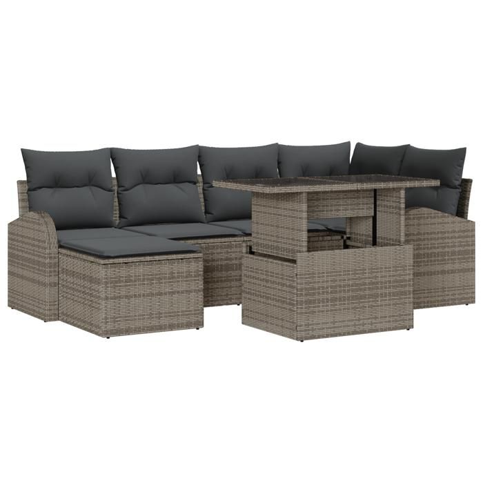Ensemble de Canapé de Jardin de 7 Pièces avec Coussins Gris Poly Rattan, Canapé de Jardin 2 Places avec Rangement &amp; Coussins 3357412