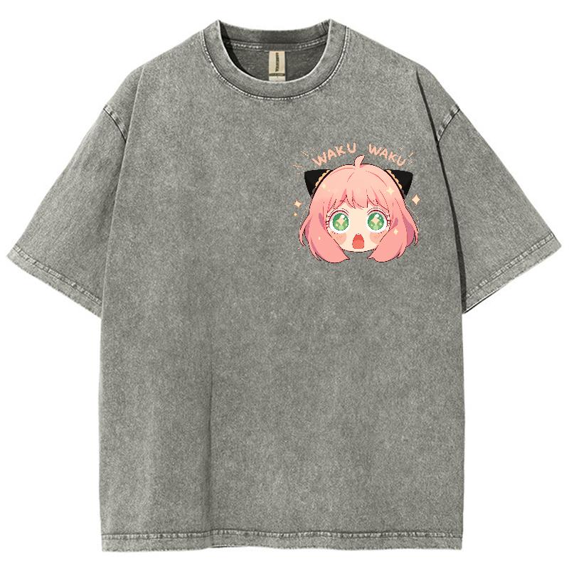 Vintage Casual Prany Denim Luźny T-shirt Kreskówkowy Nadruk Postaci Anime Streetowa Moda Amerykańska Wygodny Design