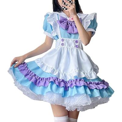 Cute Maid Dress Short Sleeve Sweet Maid Outfit with Apron Big Bow Headwear for Party Blue Purple M