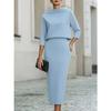 Completo Donna con Scollo ad Drappeggio e Manica a Tre Quarti, Gonna, Vestibilità Aderente, Elegante, Due Pezzi, Outfit Midi