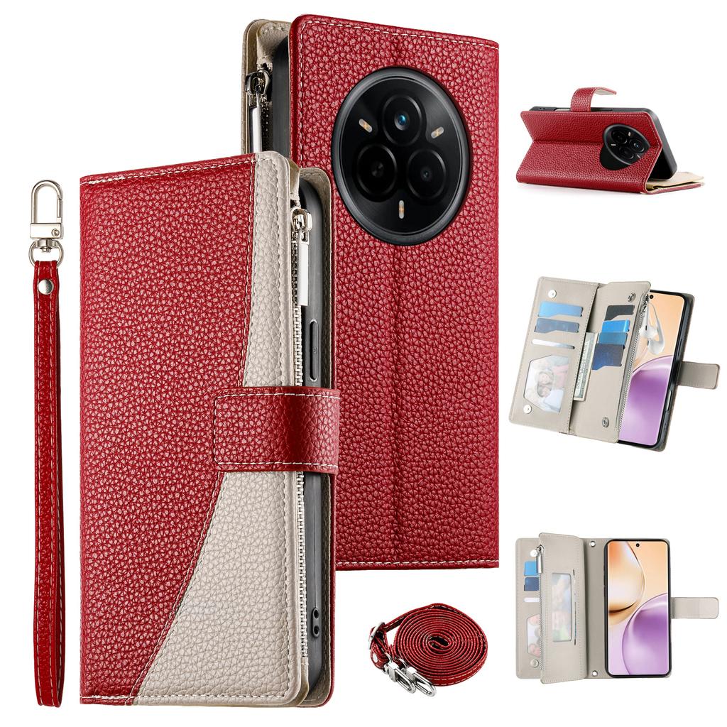 For Realme 14 Pro 5G Case Zipper Wallet Color Splicing Leather Flip Phone Cover with Straps