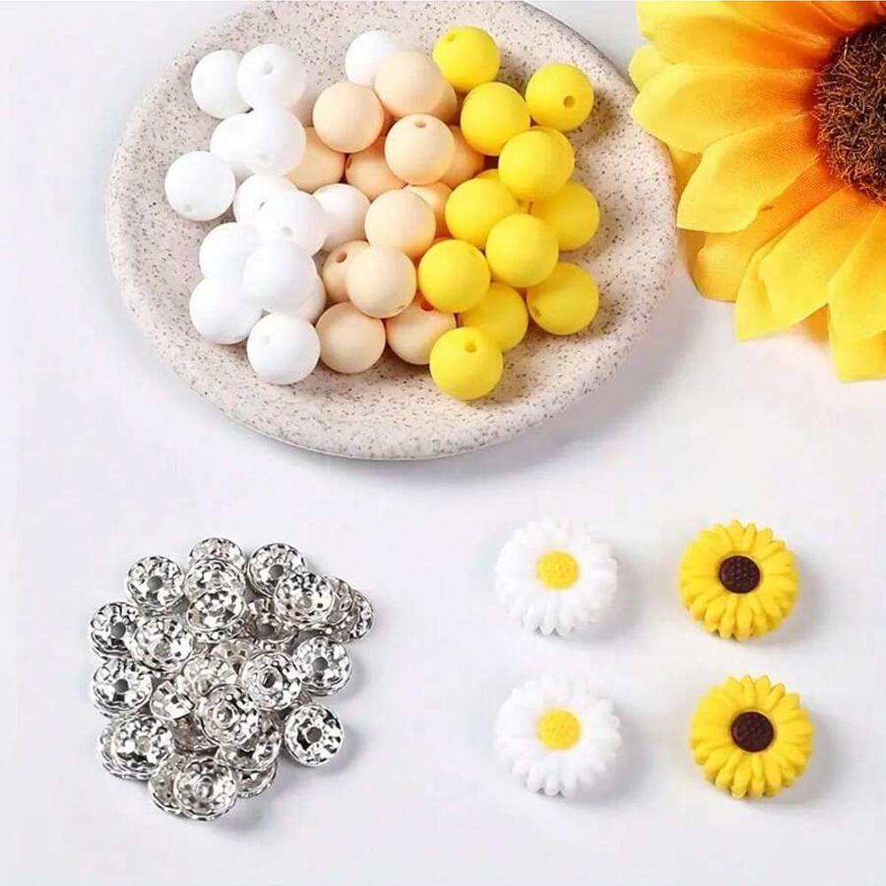 73/79PCS daisy silicone beads, 12/14/15mm round printed silicone beads in bulk, DIY keychain bracelet jewelry making