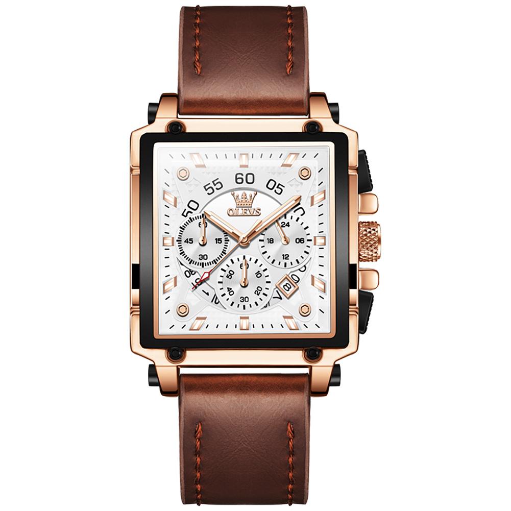 OLEVS 9919 OEM-Logo Armband Klassische Uhr Echtes Leder Kalender Multifunktionaler Chronograph Quadratische Quarzuhr für Mann