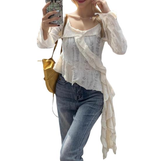 

Женские топы с V-образным вырезом, расклешенные, с длинным рукавом, облегающие футболки, однотонные топы с оборками и неровным подолом, дизайн футболки S абрикосовый