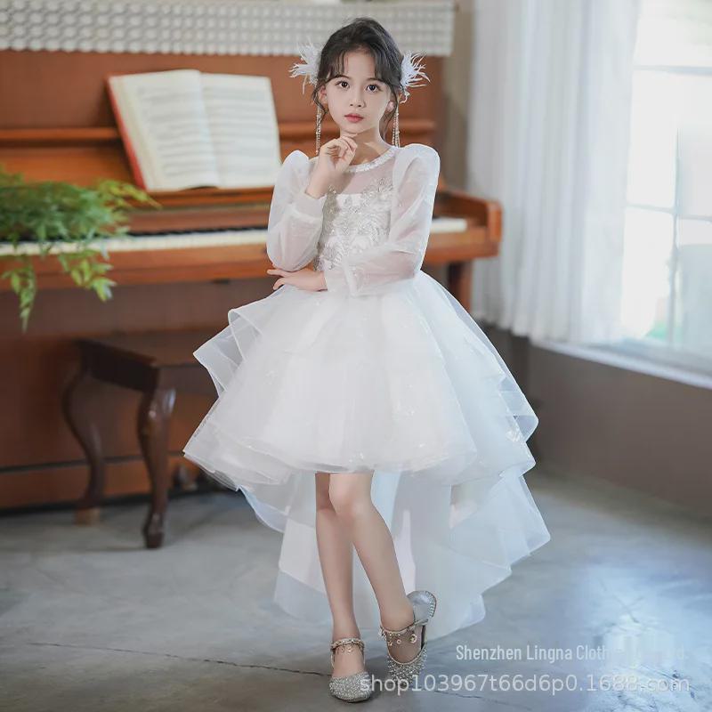 

«Роскошное платье принцессы с ласточкиным хвостом для девочек»: Длинная юбка осень/зима для фортепианных концертов и свадеб. 140 cm