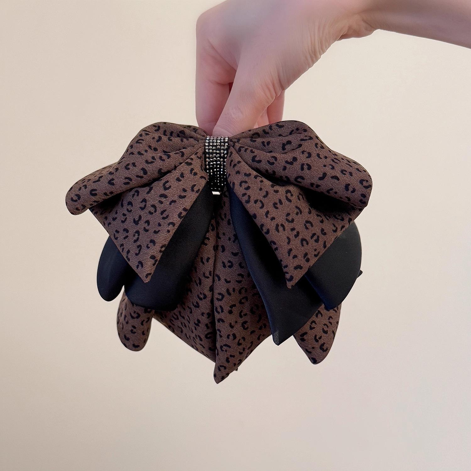 Leopard Print Rhinestone Chain Bow Hair Claw Clip - Versatile Floral Updo Accessory