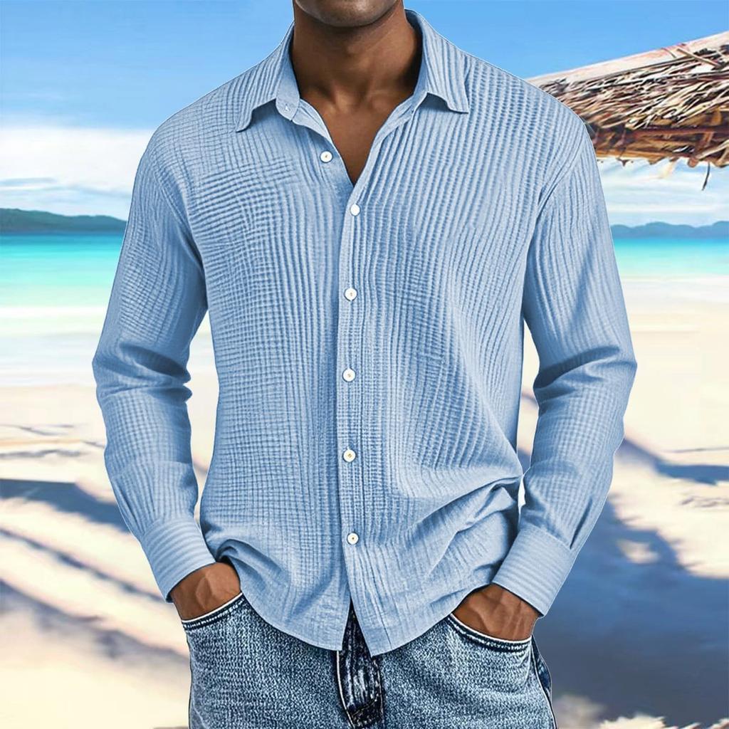 Men's Cotton Shirts Long Sleeve Casual Button Down Textured T-Shirt Loose Vacation Beach Lightweight Topsrt