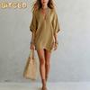Fashion Summer Spring Solid Color Print Short Sleeve V-Neck Casual Dresses
