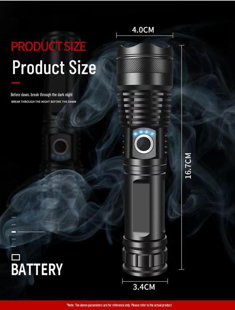 P50 Flashlight: Powerful LED, USB Rechargeable, Power Display, Zoom & Spotlight Functions