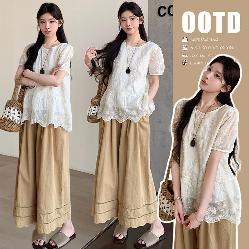 2026 Summer Round Neck Lace Top & Petal Hollow Pants Set Extra Large