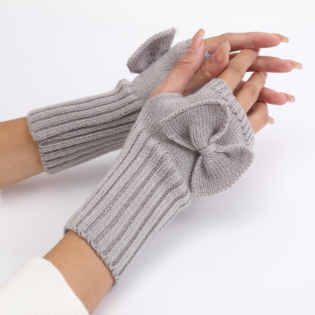 Short Bow Gloves New Autumn and Winter Girls' Cute Wrist Guards Knitted Woolen Warm Finger Exposing Sleeves