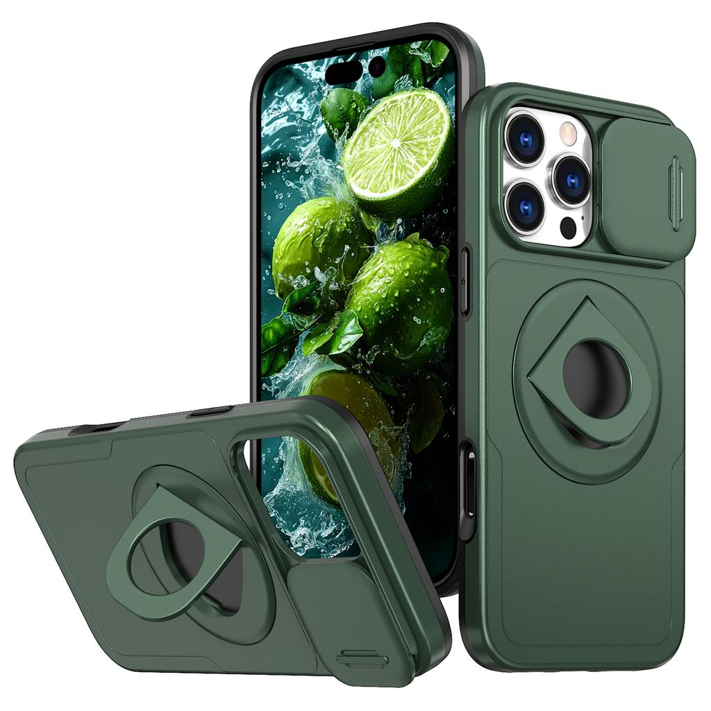 For iPhone 16 Pro Magnetic Phone Case TPU+PC Cover with Kickstand and Slide Lens Lid