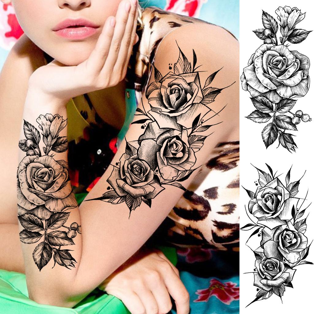 1 Sheet Black Flower Temporary Tattoos For Women Girls Realistic Fake Flora Floral Peony Tattoo Sticker Body Art Painting Decal