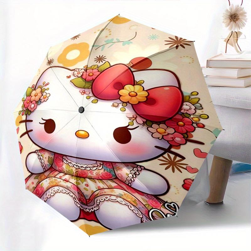 Hello Kitty,Floral Automatic Folding Umbrella-Simple 8-Rib Design, Bright Cartoon Pattern, Durable Iron Frame, Suitable For Travel, Outdoor,
